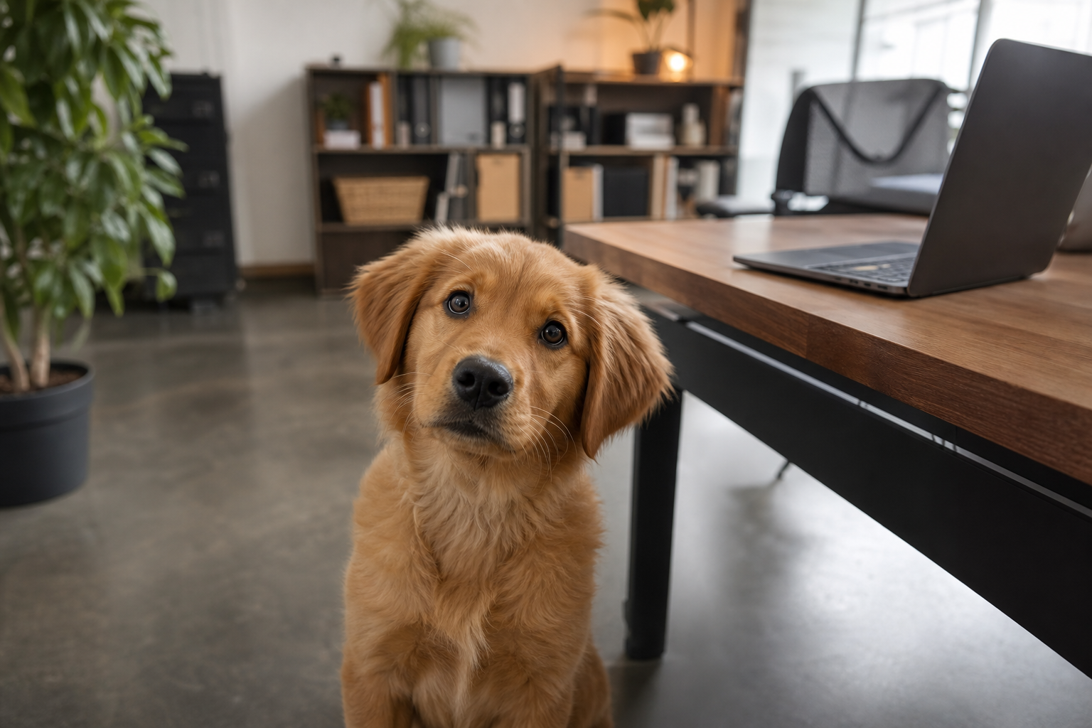 Scout, the oemail.cc office dog, looking up in the office